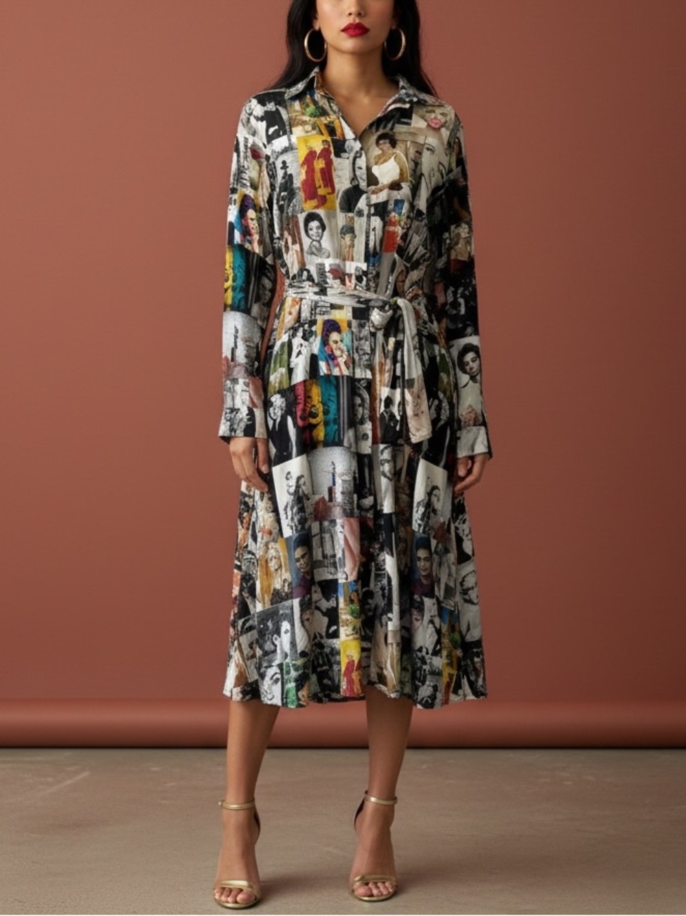 Unbreak.it Icons Patchwork Silk Shirt Dress Sz S Audrey Hepburn Marilyn Frida